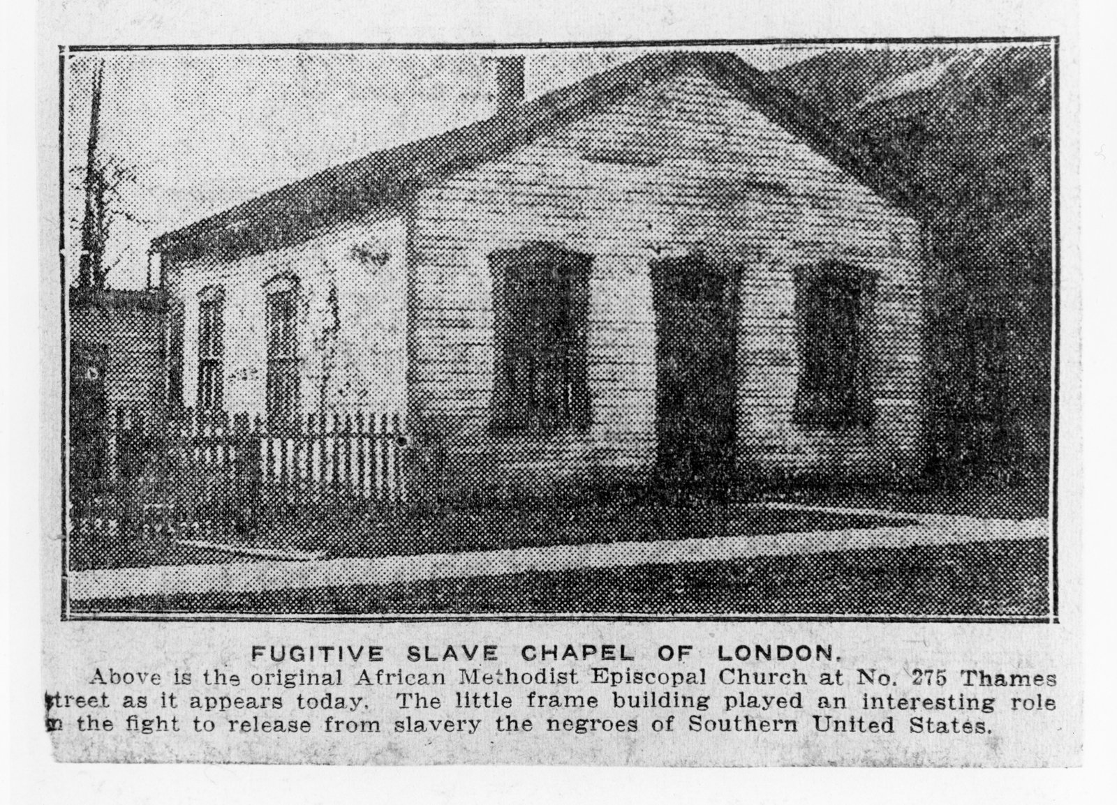 The original African Methodist Episcopal Church at No. 275 Thames Street. Photo courtesy of London Library